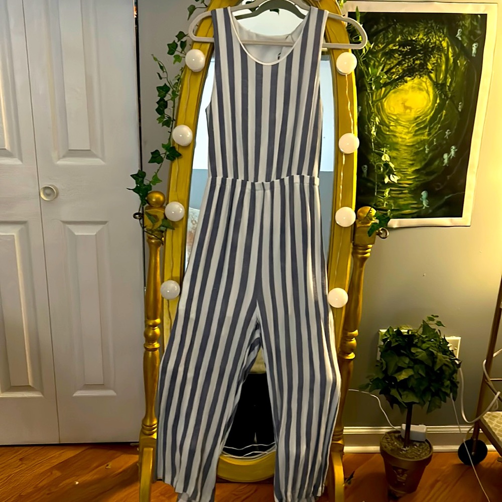 Blue and white stripped jumpsuit